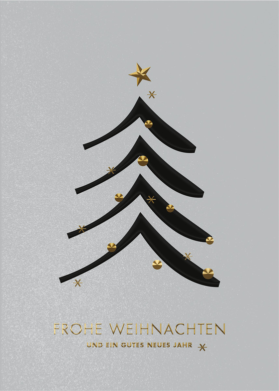 Weihnachtskarte: Schlichter schwarzer Baum mit Goldsternen