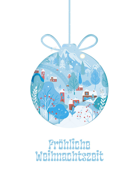 Weihnachtskarte: Winterlandschaft in der Kugel