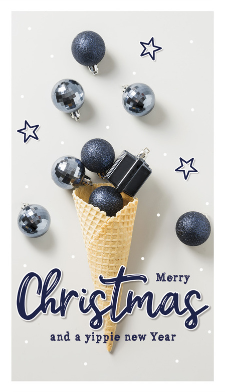 Weihnachtskarte: Eiswaffel mit grauen Kugeln