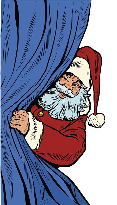 Weihnachtskarte: Weihnachtsmann hinterm Vorhang