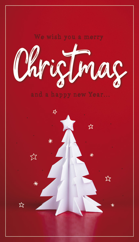 Weihnachtskarte: Origamibaum auf Rot