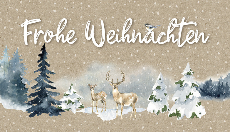 Weihnachtskarte: Aquarellhirsche im Winterwald