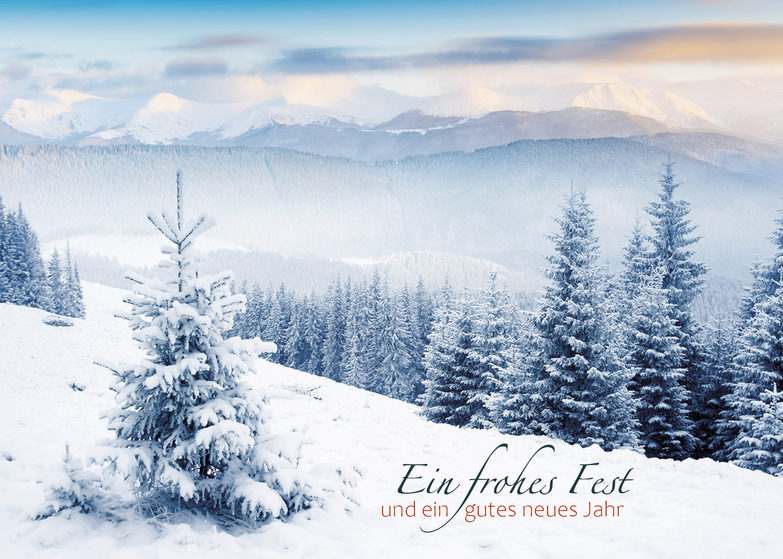 Weihnachtskarte: Schneelandschaft mit Bergen